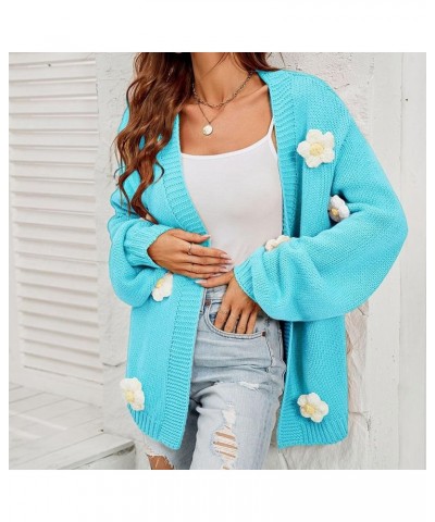 Women's Flower Cardigan Lantern Sleeve Sweater Flower Applique Open Front Knit Cardigan Sweater Floral Fit Knit Outfit Cyan $...