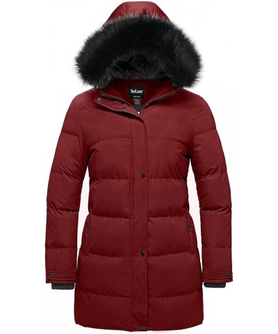 Women's Plus Size Winter Long Quilted Thicken Puffer Coat with Faux Fur Hood Red $45.31 Jackets