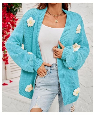 Women's Flower Cardigan Lantern Sleeve Sweater Flower Applique Open Front Knit Cardigan Sweater Floral Fit Knit Outfit Cyan $...