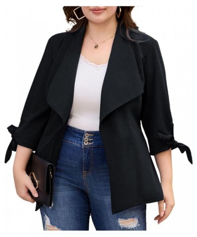 Women's Plus Size Casual Blazer 3/4 Sleeve Open Front Work Office Cardigan Jackets with Belt Black $30.08 Blazers