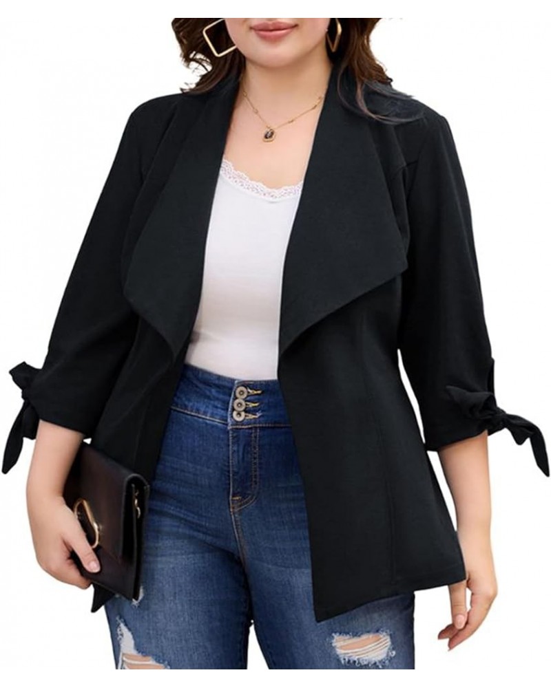 Women's Plus Size Casual Blazer 3/4 Sleeve Open Front Work Office Cardigan Jackets with Belt Black $30.08 Blazers