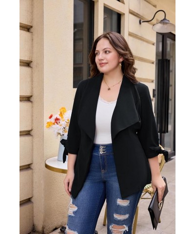 Women's Plus Size Casual Blazer 3/4 Sleeve Open Front Work Office Cardigan Jackets with Belt Black $30.08 Blazers