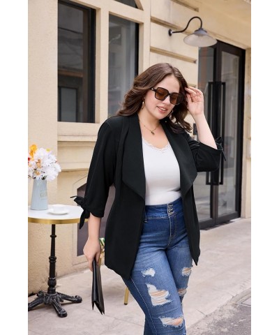 Women's Plus Size Casual Blazer 3/4 Sleeve Open Front Work Office Cardigan Jackets with Belt Black $30.08 Blazers