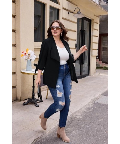 Women's Plus Size Casual Blazer 3/4 Sleeve Open Front Work Office Cardigan Jackets with Belt Black $30.08 Blazers