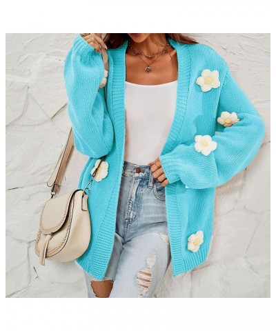 Women's Flower Cardigan Lantern Sleeve Sweater Flower Applique Open Front Knit Cardigan Sweater Floral Fit Knit Outfit Cyan $...