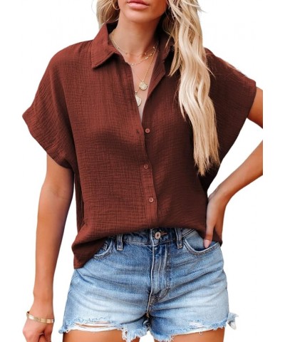 Casual V Neck Button Down Shirts for Women Solid Short Sleeve Blouse Tops 1 Dark Brown $13.49 Blouses