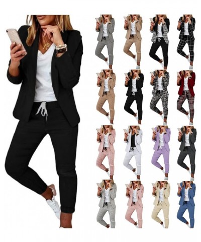 Women 2 Piece Outfits Suits Set Long Sleeve Blazer Lapels Suit Set Office Business Slim Fit Plaid Jacket and Pants Set Multi ...