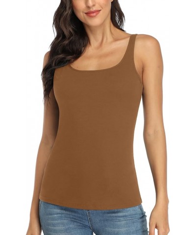 Women's Cotton Tank Top with Shelf Bra Adjustable Wider Strap Camisole Basic Cami Tanks Brown $10.59 Tanks