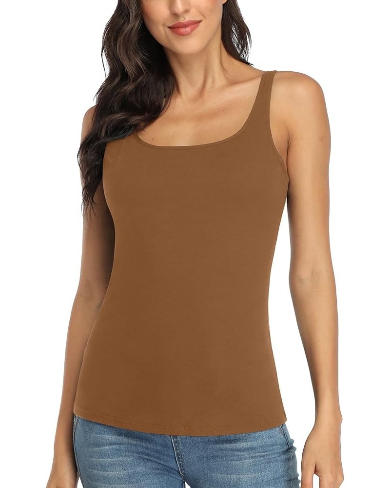 Women's Cotton Tank Top with Shelf Bra Adjustable Wider Strap Camisole Basic Cami Tanks Brown $10.59 Tanks