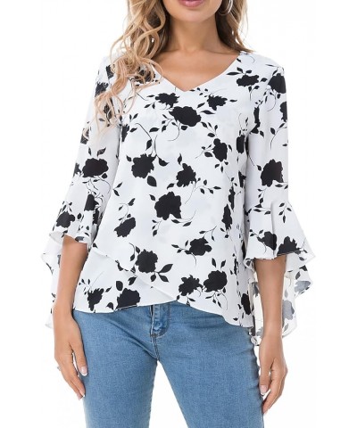 Womens Summer Chiffon Blouses Floral Print V-Neck Bell Sleeve Tops Dressy Casual T-Shirts Fashion 2023 White Floral $16.81 Bl...