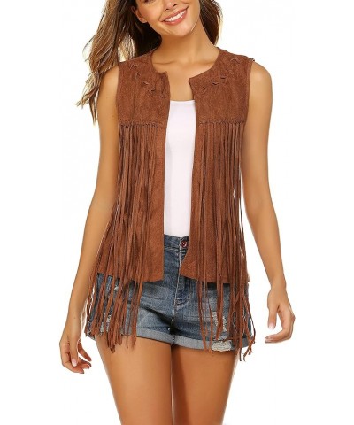 Women Tassel Vest Fringe Vest 70s Hippie Faux Suede Sleeveless Vest Jacket XS-XXXL B-dark Brown $19.32 Vests