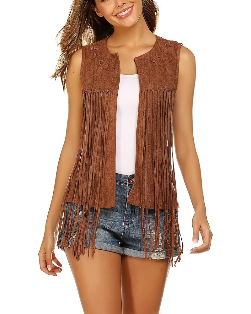 Women Tassel Vest Fringe Vest 70s Hippie Faux Suede Sleeveless Vest Jacket XS-XXXL B-dark Brown $19.32 Vests