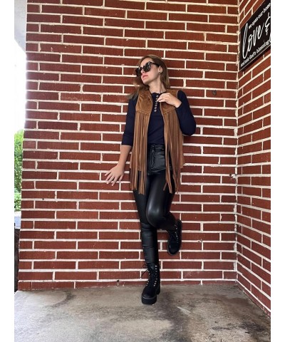 Women Tassel Vest Fringe Vest 70s Hippie Faux Suede Sleeveless Vest Jacket XS-XXXL B-dark Brown $19.32 Vests