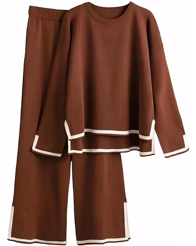 Women's Lounge Set Sweater Set 2 Piece Outfits Knit Set Long Sleeve Pullover Top Wide Leg Pants Tracksuit Brown $15.99 Active...