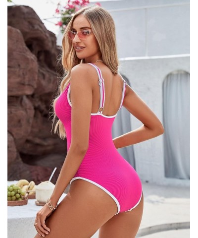 Women's One Piece Swimsuit Sports Adjustable Strap Bathing Suit Color Block Ribbed High Cut Swimsuits Hot Pink029 $17.86 Swim...