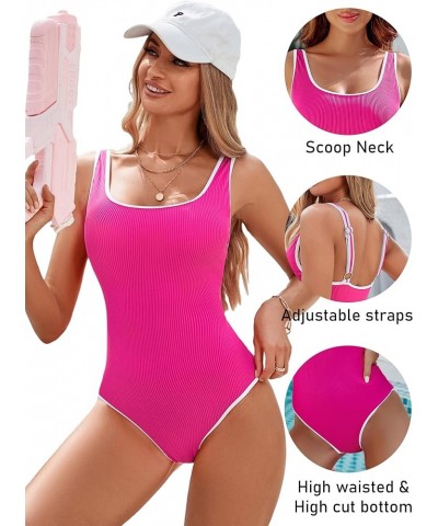 Women's One Piece Swimsuit Sports Adjustable Strap Bathing Suit Color Block Ribbed High Cut Swimsuits Hot Pink029 $17.86 Swim...