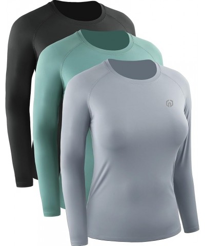 Women's Dry Fit Workout Running Long Sleeve Shirt 8024 Black/Grayish Blue/Blackish Green,3 Pack $15.91 Activewear