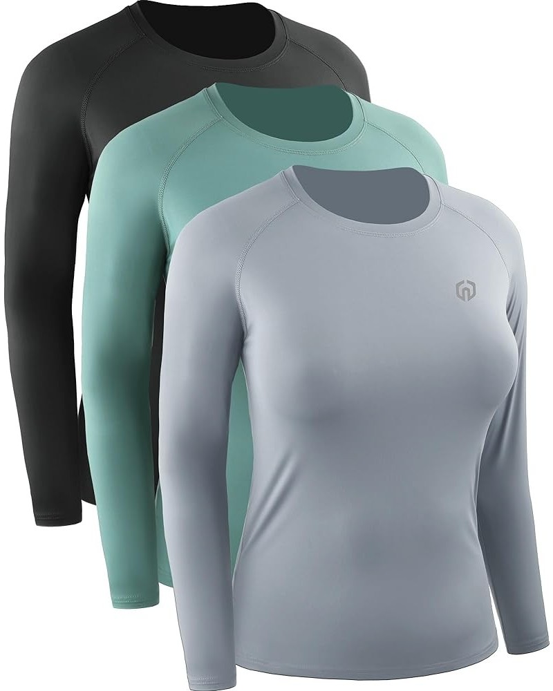 Women's Dry Fit Workout Running Long Sleeve Shirt 8024 Black/Grayish Blue/Blackish Green,3 Pack $15.91 Activewear