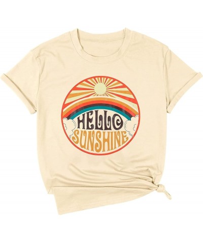 Hello Sunshine Shirts for Women Sunshine Graphic Short Sleeve T Shirt Summer Vacation Tee Tops Beige $13.33 T-Shirts