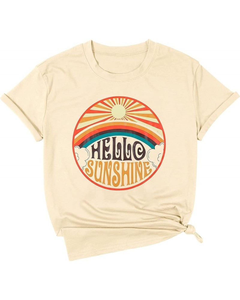 Hello Sunshine Shirts for Women Sunshine Graphic Short Sleeve T Shirt Summer Vacation Tee Tops Beige $13.33 T-Shirts