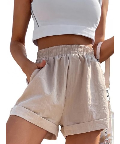 Women's Casual Elastic Waist Rolled Wide Leg Shorts with Pocket Khaki $7.94 Shorts