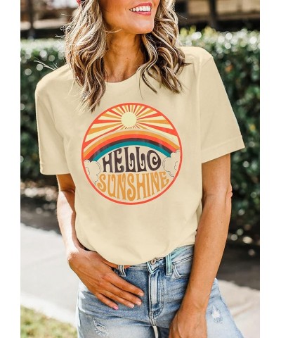 Hello Sunshine Shirts for Women Sunshine Graphic Short Sleeve T Shirt Summer Vacation Tee Tops Beige $13.33 T-Shirts