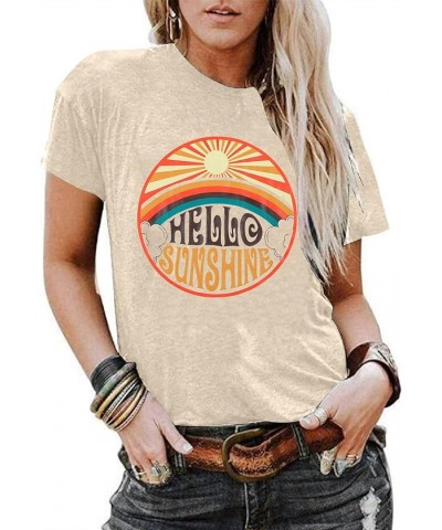 Hello Sunshine Shirts for Women Sunshine Graphic Short Sleeve T Shirt Summer Vacation Tee Tops Beige $13.33 T-Shirts