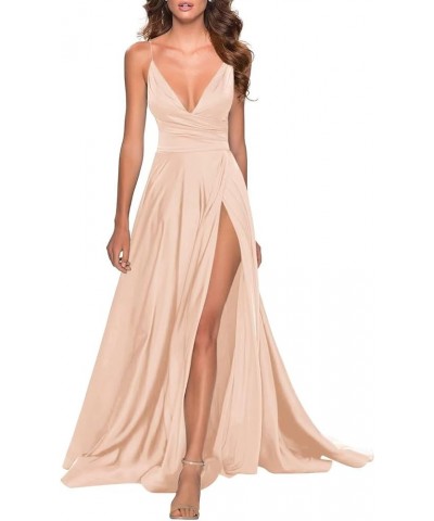 Satin Prom Dress Long with Slit A Line Sexy Backless Formal Evening Gown for Women Nude Pink $35.70 Dresses