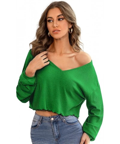 Women's Long Sleeve Tee Shirt V Neck Ribbed Knit Lettuce Trim Crop Top Solid Green $10.34 T-Shirts