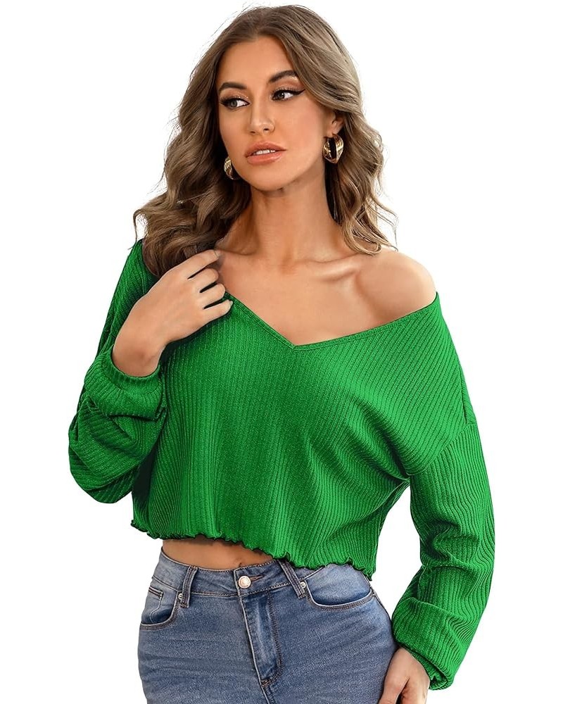 Women's Long Sleeve Tee Shirt V Neck Ribbed Knit Lettuce Trim Crop Top Solid Green $10.34 T-Shirts