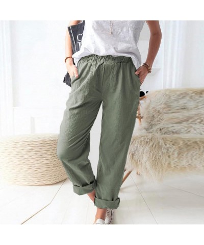 Women's Linen Pants Solid Cotton Elastic Waist Casual Straight Trousers Long Pants Summer, S-3XL Army Green $8.77 Pants