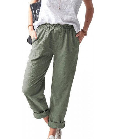 Women's Linen Pants Solid Cotton Elastic Waist Casual Straight Trousers Long Pants Summer, S-3XL Army Green $8.77 Pants