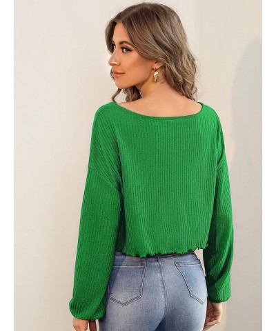 Women's Long Sleeve Tee Shirt V Neck Ribbed Knit Lettuce Trim Crop Top Solid Green $10.34 T-Shirts