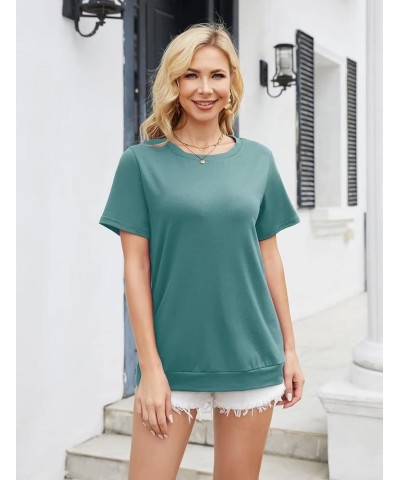 Women Summer Basic Tee Crewneck T-Shirts Short Sleeves Solid Color Block Tunic Tops Casual Blouses 1 Teal $14.24 T-Shirts