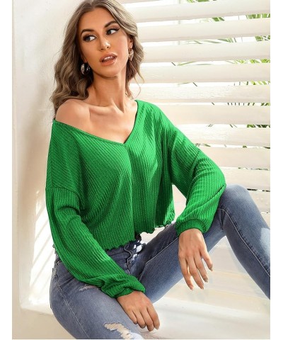 Women's Long Sleeve Tee Shirt V Neck Ribbed Knit Lettuce Trim Crop Top Solid Green $10.34 T-Shirts