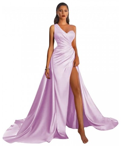 One Shoulder Prom Dress Satin Long Formal Evening Gowns with Slit Lilac $29.25 Dresses