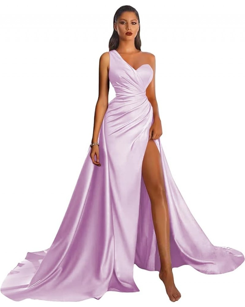 One Shoulder Prom Dress Satin Long Formal Evening Gowns with Slit Lilac $29.25 Dresses