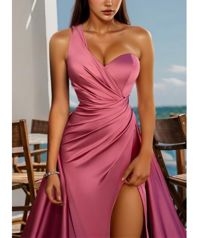 One Shoulder Prom Dress Satin Long Formal Evening Gowns with Slit Lilac $29.25 Dresses