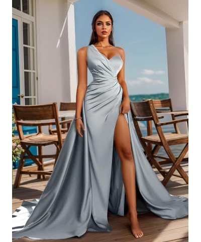 One Shoulder Prom Dress Satin Long Formal Evening Gowns with Slit Lilac $29.25 Dresses