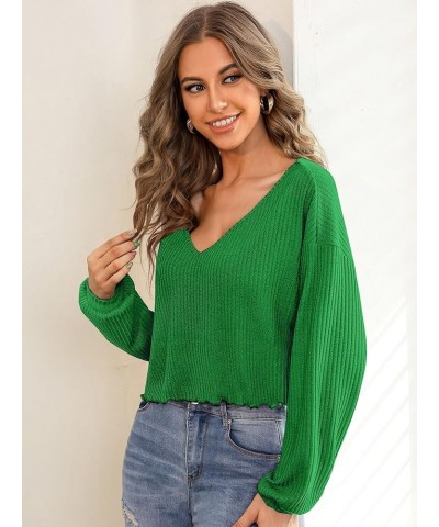 Women's Long Sleeve Tee Shirt V Neck Ribbed Knit Lettuce Trim Crop Top Solid Green $10.34 T-Shirts