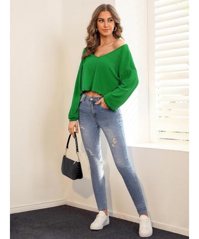 Women's Long Sleeve Tee Shirt V Neck Ribbed Knit Lettuce Trim Crop Top Solid Green $10.34 T-Shirts