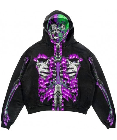 Y2k Skeleton Full Zip Up Hoodies Women Men Rhinestone Skull Graphic Print Sweatshirt Gothic Oversized Jackets T-purper $12.49...