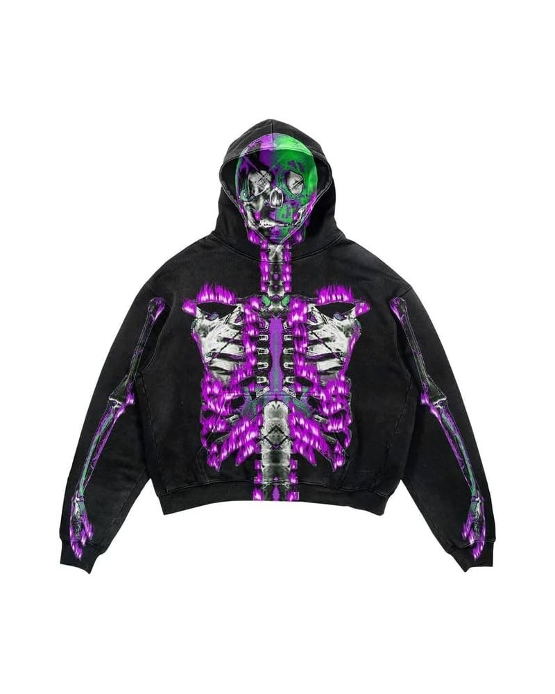 Y2k Skeleton Full Zip Up Hoodies Women Men Rhinestone Skull Graphic Print Sweatshirt Gothic Oversized Jackets T-purper $12.49...