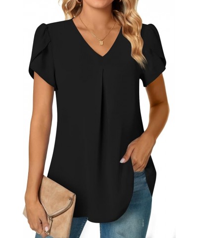 Women's Plus Size Summer Dressy Chiffon Blouses Short Sleeve V Neck Tunic Tops for Leggings Casual T-Shirts Petal /Black $15....