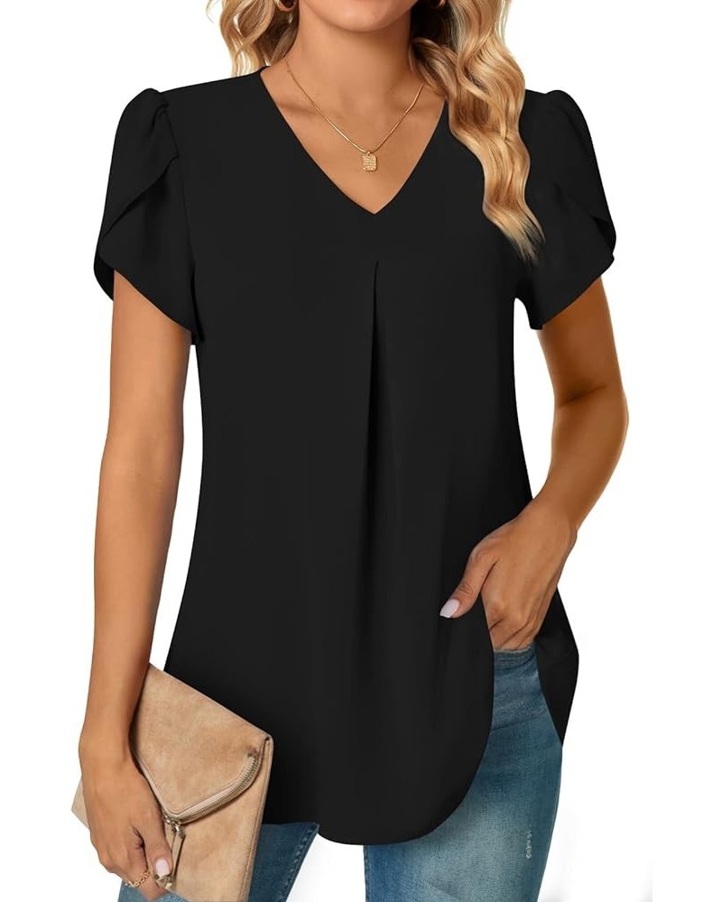 Women's Plus Size Summer Dressy Chiffon Blouses Short Sleeve V Neck Tunic Tops for Leggings Casual T-Shirts Petal /Black $15....