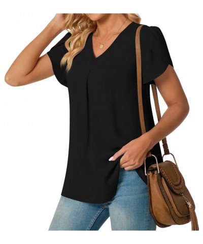 Women's Plus Size Summer Dressy Chiffon Blouses Short Sleeve V Neck Tunic Tops for Leggings Casual T-Shirts Petal /Black $15....