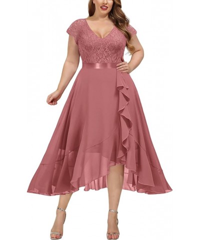 Women's Plus Size V Neck Floral Lace Ruffle Asymmetrical Hemline Elegant Bridesmaid Maxi Dress Cinnamon Pink $30.82 Dresses