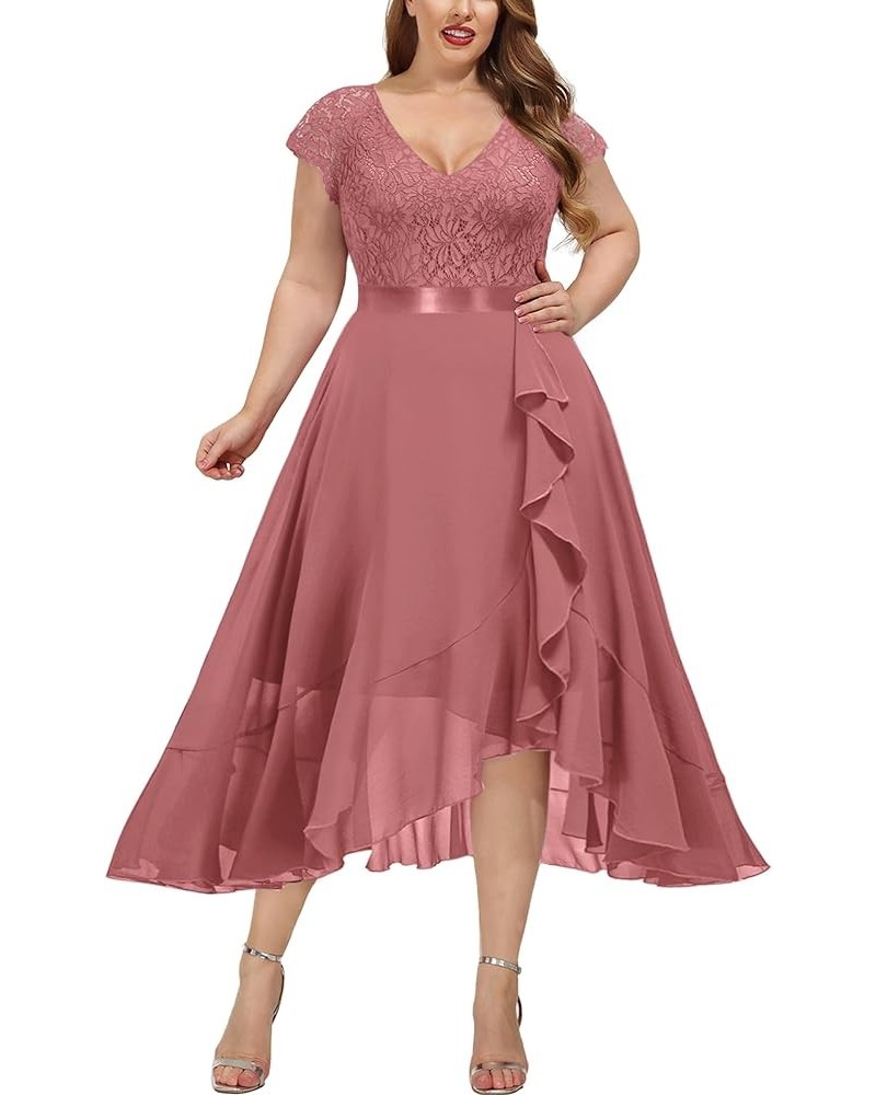 Women's Plus Size V Neck Floral Lace Ruffle Asymmetrical Hemline Elegant Bridesmaid Maxi Dress Cinnamon Pink $30.82 Dresses