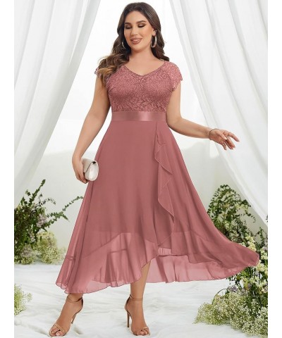 Women's Plus Size V Neck Floral Lace Ruffle Asymmetrical Hemline Elegant Bridesmaid Maxi Dress Cinnamon Pink $30.82 Dresses