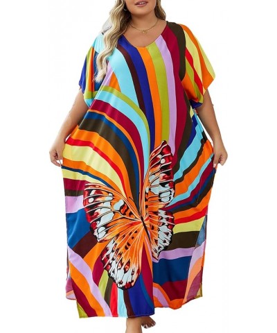 Women Colorful Kaftan Beach Dress Plus Size Swimsuit Cover Up Ethnic Print Rainbow Stripe $17.33 Swimsuits